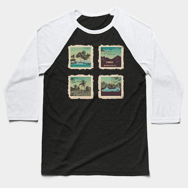 a vintage travel-themed t-shirt design with retro postcard illustrations faded colors and a distressed texture to give it an authentic retro look Baseball T-Shirt by goingplaces